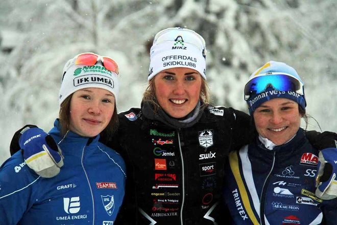 EVELINA BÅNGMAN, Offerdal (mitten) var bästa U23-åkare med personbästa på 8:e plats totalt på SM. Jonna Sundling, IFK Umeå (tv) - förra årets juniorvärldsmästarinna - var tvåa i U23-klassen och junioren Moa Molander Kristiansen, Domnarvet (th) var trea. Foto: THORD ERIC NILSSON