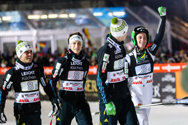31.01.2015, Willingen, Germany (GER): (l-r) Jernej Damjan (SLO), Jurij Tepes (SLO), Nejc Dezman (SLO) and Peter Prevc (SLO)- FIS world cup ski jumping, team HS145, Willingen (GER). www.nordicfocus.com. © Laiho/NordicFocus. Every downloaded picture is fe NordicFocus