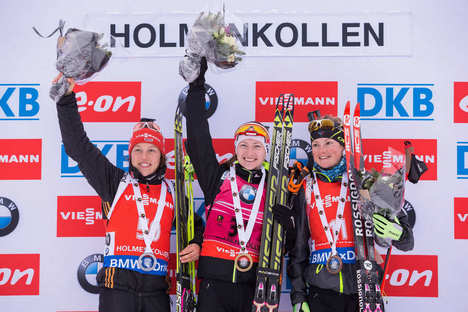 14.02.2015, Oslo, Norway (NOR): Laura Dahlmeier (GER), Darya Domracheva (BLR), Marie Dorin (FRA)- IBU world cup biathlon Holmenkollen, sprint women, Oslo (NOR). www.nordicfocus.com. © Manzoni/NordicFocus. Every downloaded picture is fee-liable. NordicFocus 14.02.2015, Oslo, Norway (NOR): Laura Dahlmeier (GER), Darya Domracheva (BLR), Marie Dorin (FRA)- IBU world cup biathlon Holmenkollen, sprint women, Oslo (NOR). www.nordicfocus.com. © Manzoni/NordicFocus. Every downloaded picture is fee-liable.