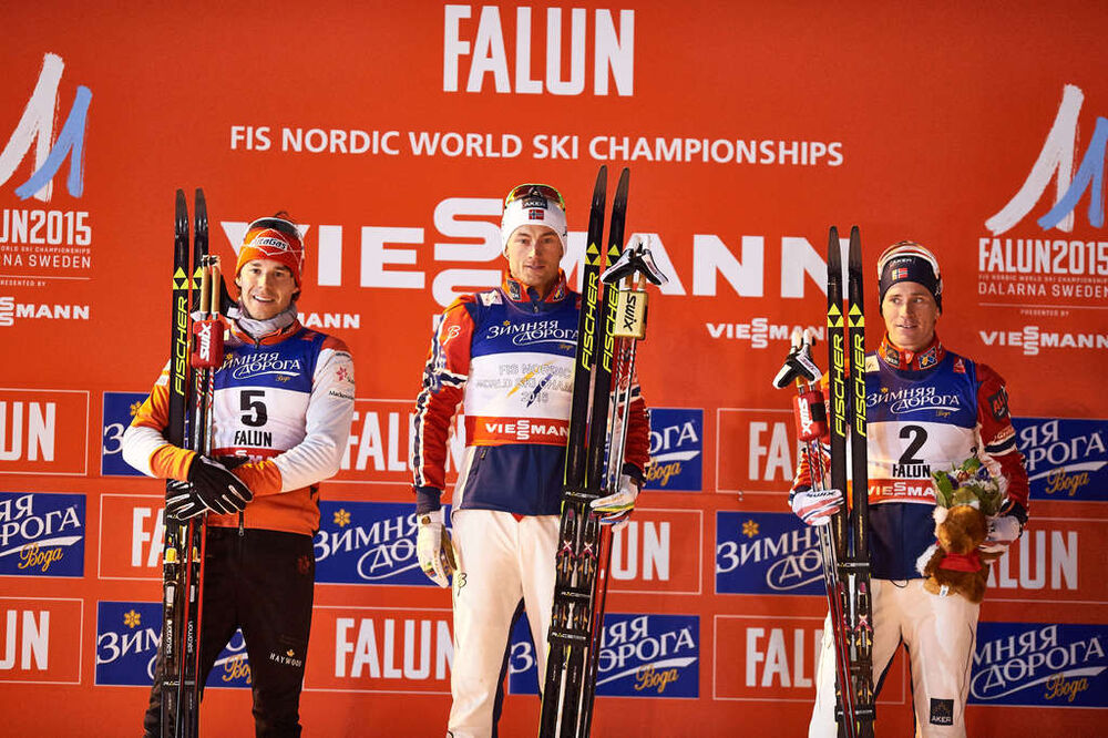 19.02.2015, Falun, Sweden (SWE): Alex Harvey (CAN), Petter Northug (NOR), Ola Vigen Hattestad (NOR), (l-r)- FIS nordic world ski championships, cross-country, individual sprint, Falun (SWE). www.nordicfocus.com. © NordicFocus. Every downloaded picture i