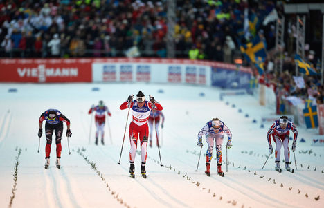 19.02.2015, Falun, Sweden (SWE): Justyna Kowalczyk (POL), Marit Bjoergen (NOR), Stina Nilsson (SWE), Maiken Caspersen Falla (NOR), (l-r) - FIS nordic world ski championships, cross-country, individual sprint, Falun (SWE). www.nordicfocus.com. © NordicFo NordicFocus 19.02.2015, Falun, Sweden (SWE): Justyna Kowalczyk (POL), Marit Bjoergen (NOR), Stina Nilsson (SWE), Maiken Caspersen Falla (NOR), (l-r) - FIS nordic world ski championships, cross-country, individual sprint, Falun (SWE). www.nordicfocus.com. © NordicFo