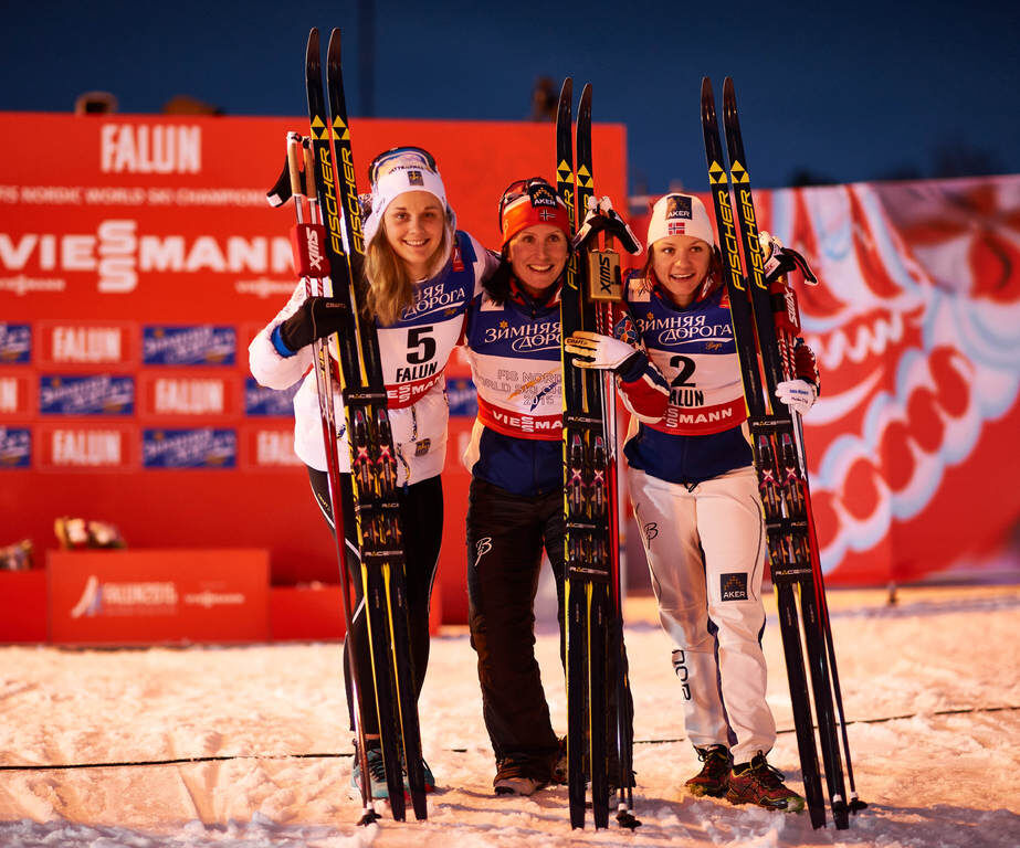 19.02.2015, Falun, Sweden (SWE): Stina Nilsson (SWE), Marit Bjoergen (NOR), Maiken Caspersen Falla (NOR), (l-r)- FIS nordic world ski championships, cross-country, individual sprint, Falun (SWE). www.nordicfocus.com. © NordicFocus. Every downloaded pict
