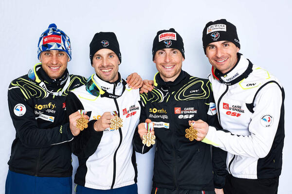 24.02.2013, Val di Fiemme, Italy (ITA): l-r: Jason Lamy Chappuis (FRA), Maxime Laheurte (FRA), Francois Braud (FRA), Sebastien Lacroix (FRA)- FIS nordic world ski championships, nordic combined, medals, Val di Fiemme (ITA). www.nordicfocus.com. © Felgen NordicFocus