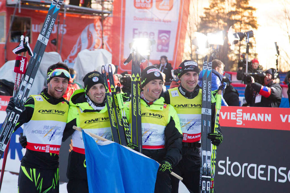 22.02.2015, Falun, Sweden (SWE): Jason Lamy-Chappuis (FRA), Maxime Laheurte (FRA), Sebastien Lacroix (FRA), Francois Braud (FRA)- FIS nordic world ski championships, nordic combined, team HS100/4x5km, Falun (SWE). www.nordicfocus.com. © NordicFocus. Eve