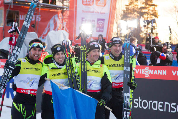 22.02.2015, Falun, Sweden (SWE): Jason Lamy-Chappuis (FRA), Maxime Laheurte (FRA), Sebastien Lacroix (FRA), Francois Braud (FRA)- FIS nordic world ski championships, nordic combined, team HS100/4x5km, Falun (SWE). www.nordicfocus.com. © NordicFocus. Eve NordicFocus