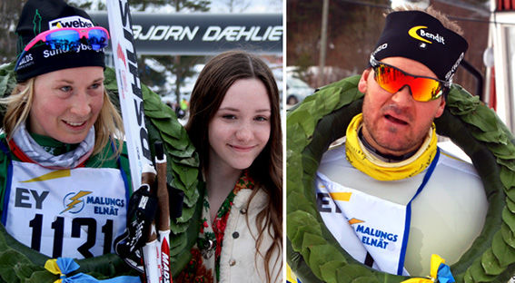EMILIA LINDSTEDT (tv) och Öystein Pettersen vann Skinnarloppet i Malung under söndagen. Foto: ARRANGÖREN