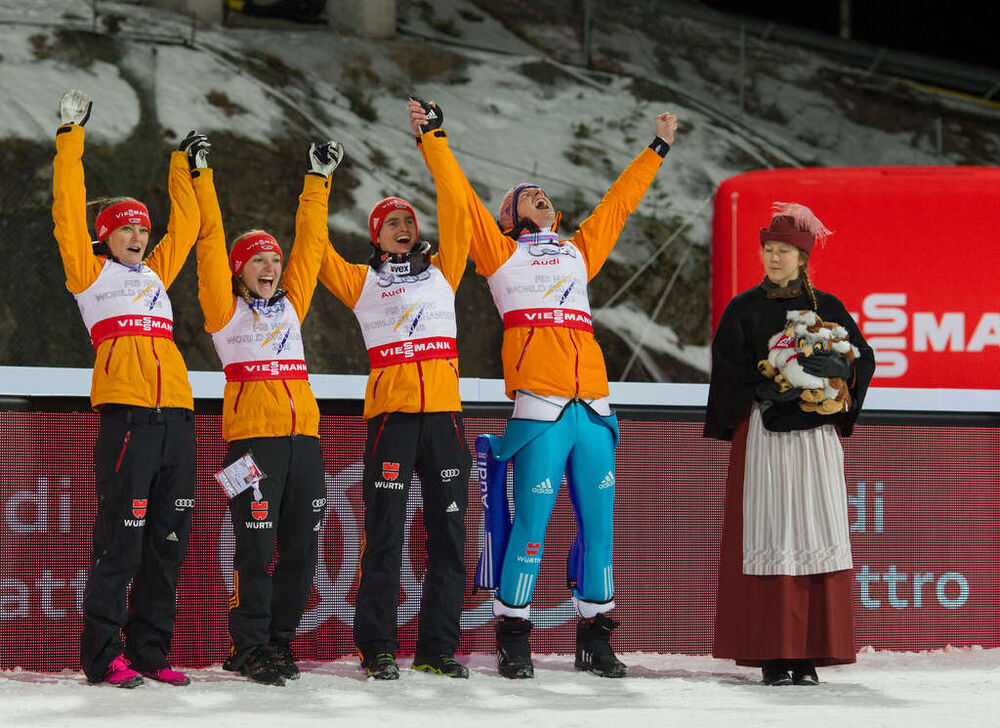 22.02.2015, Falun, Sweden (SWE): Carina Vogt (GER), Katharina Althaus (GER), Richard Freitag (GER), Severin Freund (GER)- FIS nordic world ski championships, ski jumping, mixed team HS100, Falun (SWE). www.nordicfocus.com. © NordicFocus. Every downloade