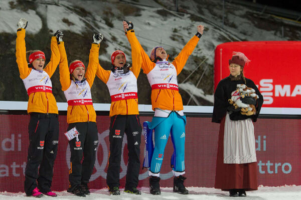 22.02.2015, Falun, Sweden (SWE): Carina Vogt (GER), Katharina Althaus (GER), Richard Freitag (GER), Severin Freund (GER)- FIS nordic world ski championships, ski jumping, mixed team HS100, Falun (SWE). www.nordicfocus.com. © NordicFocus. Every downloade NordicFocus
