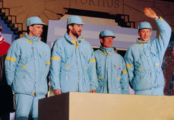 EN FRAMGÅNGSRIK kvartett, som vann stafetten vid OS 1988, Torgny Mogren, Tomas Wassberg, Janne Ottosson och Gunde Svan. Foto: THORD ERIC NILSSON (arkiv)