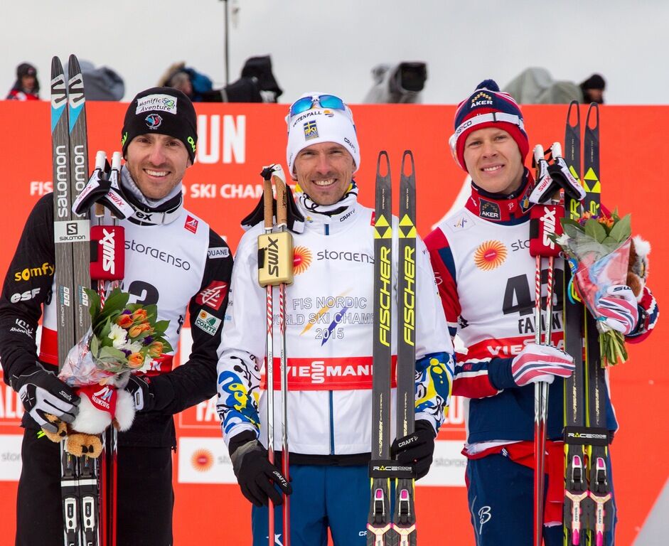 25.02.2015, Falun, Sweden (SWE): Maurice Manificat (FRA), Johan Olsson (SWE), Anders Gloeersen (NOR), (l-r) - FIS nordic world ski championships, cross-country, 15km men, Falun (SWE). www.nordicfocus.com. Â© NordicFocus. Every downloaded picture is fee