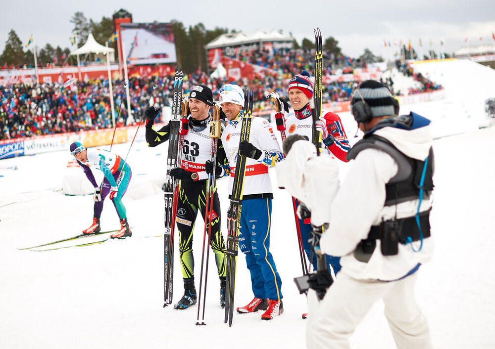 25.02.2015, Falun, Sweden (SWE): Maurice Manificat (FRA), Johan Olsson (SWE), Anders Gloeersen (NOR), (l-r) - FIS nordic world ski championships, cross-country, 15km men, Falun (SWE). www.nordicfocus.com. © NordicFocus. Every downloaded picture is fee-l