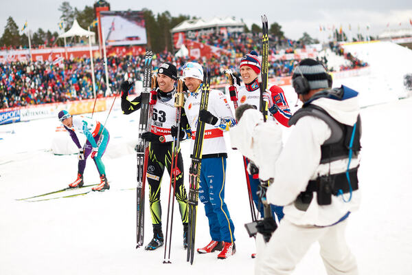 25.02.2015, Falun, Sweden (SWE): Maurice Manificat (FRA), Johan Olsson (SWE), Anders Gloeersen (NOR), (l-r) - FIS nordic world ski championships, cross-country, 15km men, Falun (SWE). www.nordicfocus.com. © NordicFocus. Every downloaded picture is fee-l NordicFocus