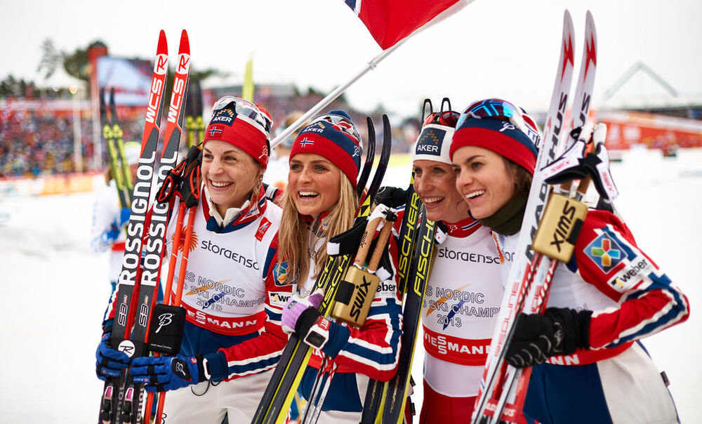 26.02.2015, Falun, Sweden (SWE): Astrid Uhrenholdt Jacobsen (NOR), Therese Johaug (NOR), Marit Bjoergen (NOR), Heidi Weng (NOR), (l-r) - FIS nordic world ski championships, cross-country, 4x5km women, Falun (SWE). www.nordicfocus.com. © NordicFocus. Eve