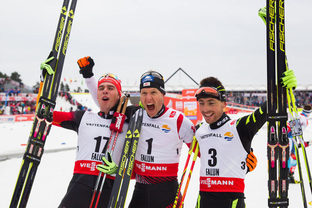 26.02.2015, Falun, Sweden (SWE): Johannes Rydzek (GER), Bernhard Gruber (AUT), Francois Braud (FRA), (l-r) - FIS nordic world ski championships, nordic combined, individual gundersen HS134/10km, Falun (SWE). www.nordicfocus.com. © NordicFocus. Every dow