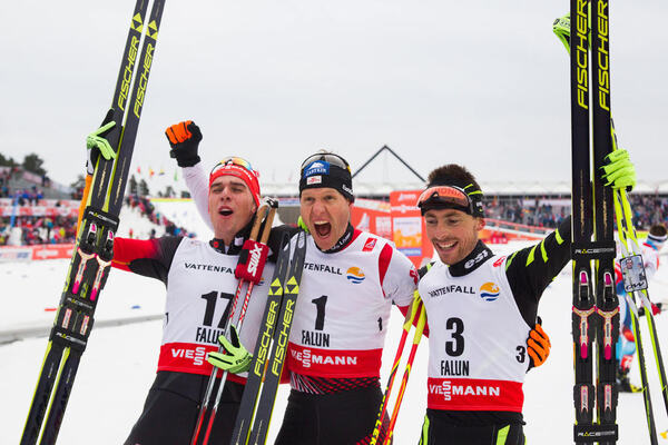26.02.2015, Falun, Sweden (SWE): Johannes Rydzek (GER), Bernhard Gruber (AUT), Francois Braud (FRA), (l-r) - FIS nordic world ski championships, nordic combined, individual gundersen HS134/10km, Falun (SWE). www.nordicfocus.com. © NordicFocus. Every dow NordicFocus