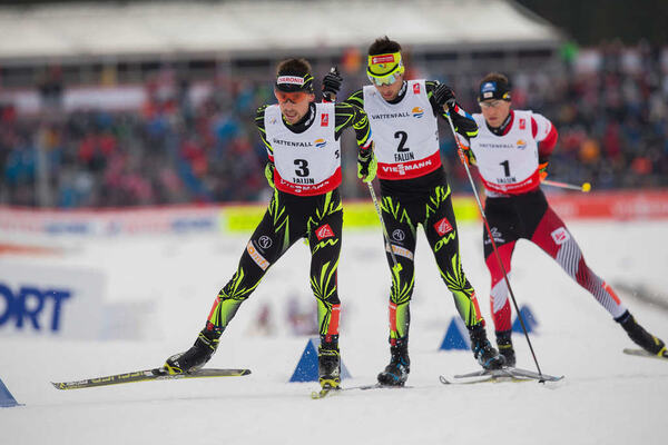 26.02.2015, Falun, Sweden (SWE): Francois Braud (FRA), Jason Lamy Chappuis (FRA), Bernhard Gruber (AUT), (l-r) - FIS nordic world ski championships, nordic combined, individual gundersen HS134/10km, Falun (SWE). www.nordicfocus.com. © NordicFocus. Every NordicFocus
