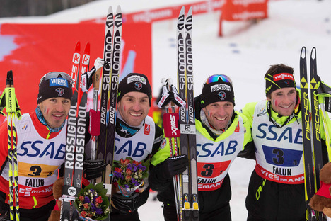 27.02.2015, Falun, Sweden (SWE): Robin Duvillard (FRA), Maurice Manificat (FRA), Jean Marc Gaillard (FRA), Adrien Backscheider (FRA), (l-r) - FIS nordic world ski championships, cross-country, 4x10km men, Falun (SWE). www.nordicfocus.com. © NordicFocus. NordicFocus 27.02.2015, Falun, Sweden (SWE): Robin Duvillard (FRA), Maurice Manificat (FRA), Jean Marc Gaillard (FRA), Adrien Backscheider (FRA), (l-r) - FIS nordic world ski championships, cross-country, 4x10km men, Falun (SWE). www.nordicfocus.com. © NordicFocus.