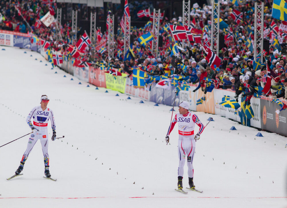 27.02.2015, Falun, Sweden (SWE): Petter Northug (NOR), Calle Halfvarsson (SWE), (l-r) - FIS nordic world ski championships, cross-country, 4x10km men, Falun (SWE). www.nordicfocus.com. © NordicFocus. Every downloaded picture is fee-liable.