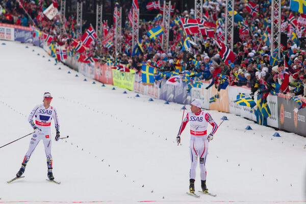 27.02.2015, Falun, Sweden (SWE): Petter Northug (NOR), Calle Halfvarsson (SWE), (l-r) - FIS nordic world ski championships, cross-country, 4x10km men, Falun (SWE). www.nordicfocus.com. © NordicFocus. Every downloaded picture is fee-liable. NordicFocus