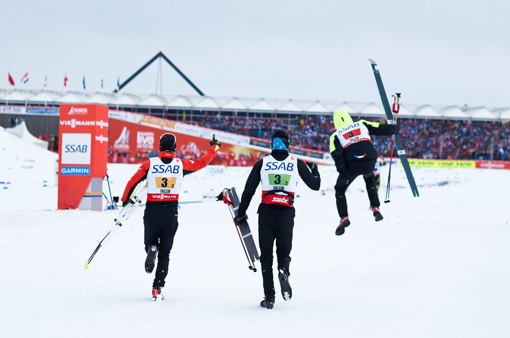 27.02.2015, Falun, Sweden (SWE): Robin Duvillard (FRA), Maurice Manificat (FRA), Jean Marc Gaillard (FRA), (l-r) - FIS nordic world ski championships, cross-country, 4x10km men, Falun (SWE). www.nordicfocus.com. © NordicFocus. Every downloaded picture i