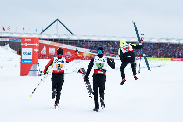 27.02.2015, Falun, Sweden (SWE): Robin Duvillard (FRA), Maurice Manificat (FRA), Jean Marc Gaillard (FRA), (l-r) - FIS nordic world ski championships, cross-country, 4x10km men, Falun (SWE). www.nordicfocus.com. © NordicFocus. Every downloaded picture i NordicFocus