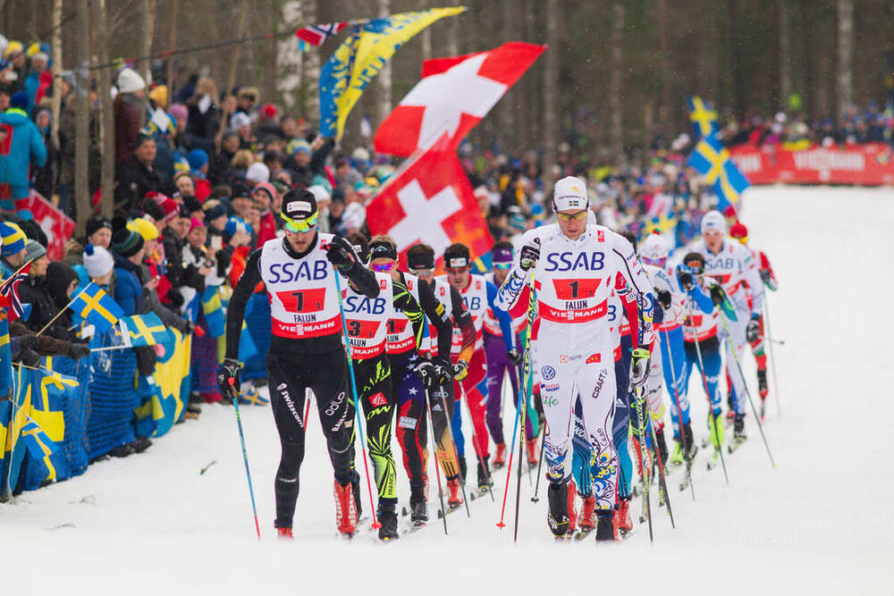 27.02.2015, Falun, Sweden (SWE): Ueli Schnider (SUI), Daniel Richardsson (SWE), Jean Marc Gaillard (FRA), (l-r) - FIS nordic world ski championships, cross-country, 4x10km men, Falun (SWE). www.nordicfocus.com. © NordicFocus. Every downloaded picture is