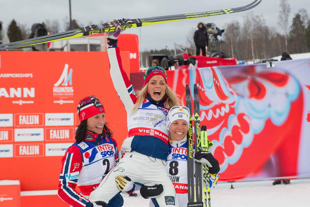 28.02.2015, Falun, Sweden (SWE): Marit Bjoergen (NOR), Therese Johaug (NOR), Charlotte Kalla (SWE), (l-r) - FIS nordic world ski championships, cross-country, 30km women, Falun (SWE). www.nordicfocus.com. © NordicFocus. Every downloaded picture is fee-l