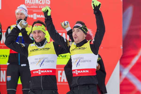 28.02.2015, Falun, Sweden (SWE): Jason Lamy-Chappuis (FRA), Francois Braud (FRA)- FIS nordic world ski championships, nordic combined, team sprint HS134/2x7.5km, Falun (SWE). www.nordicfocus.com. © NordicFocus. Every downloaded picture is fee-liable. NordicFocus