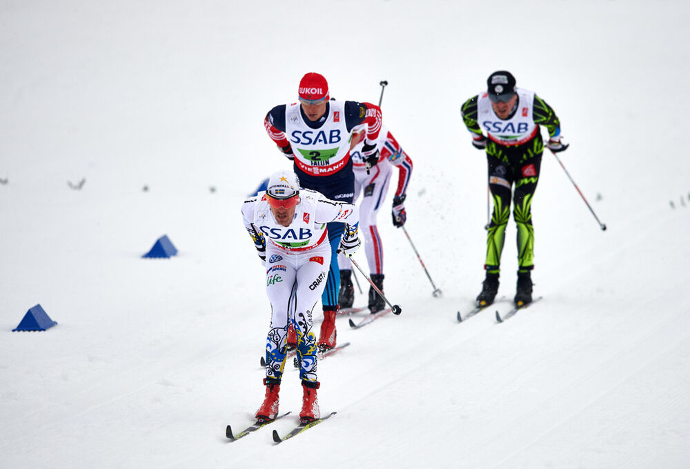 27.02.2015, Falun, Sweden (SWE): Johan Olsson (SWE), Alexander Bessmertnykh (RUS), Maurice Manificat (FRA), (l-r) - FIS nordic world ski championships, cross-country, 4x10km men, Falun (SWE). www.nordicfocus.com. © NordicFocus. Every downloaded picture