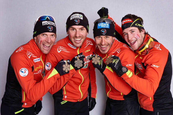 27.02.2015, Falun, Sweden (SWE): Jean Marc Gaillard (FRA), Maurice Manificat (FRA), Robin Duvillard (FRA), Adrien Backscheider (FRA), (l-r) - FIS nordic world ski championships, cross-country, medals, Falun (SWE). www.nordicfocus.com. © NordicFocus. Eve NordicFocus