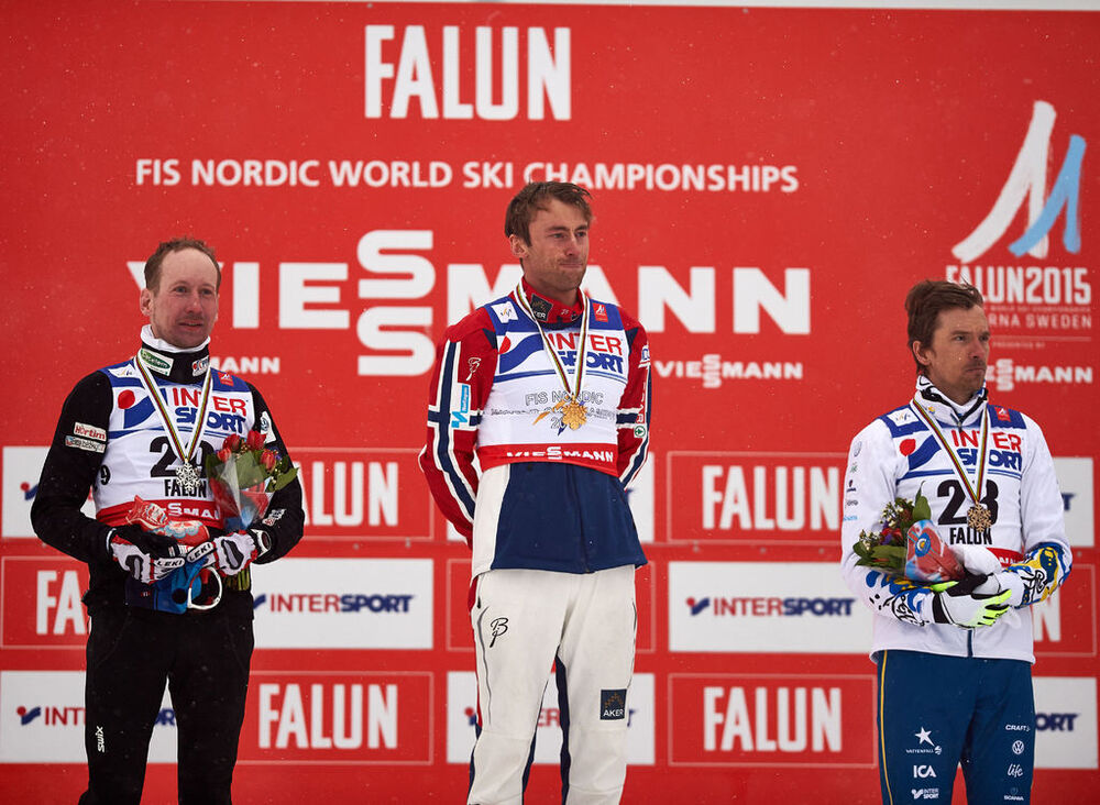 01.03.2015, Falun, Sweden (SWE): Lukas Bauer (CZE), Petter Northug (NOR), Johan Olsson (SWE), (l-r)- FIS nordic world ski championships, cross-country, 50km men, Falun (SWE). www.nordicfocus.com. © NordicFocus. Every downloaded picture is fee-liable.