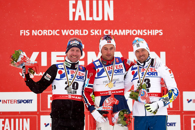 PETTER NORTHUG jr blev VM-kungen med fyra guld i Falun. Johan Olsson blev en god kronprins och Lukas Bauer fixade Tjeckiens första medalj på den avslutande femmilen. Foto: NORDIC FOCUS