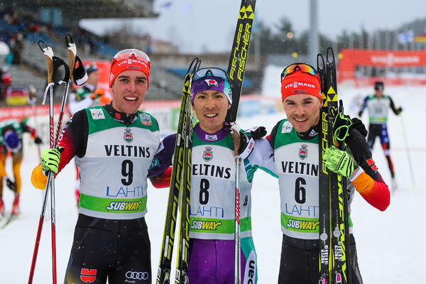 06.03.2015, Lahti, Finland (FIN): (l-r) Johannes Rydzek (GER), Fischer, Swix, Rottefella, Adidas, Akito Watabe (JPN), Fischer, Swix and Fabian Riessle (GER), Fischer, One Way, Rottefella, Adidas- FIS world cup nordic combined, individual gundersen HS130/ NordicFocus