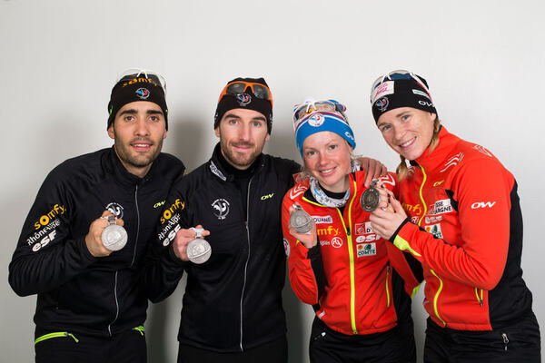 06.03.2015, Kontiolahti, Finland (FIN): Martin Fourcade (FRA), Jean Guillaume Beatrix (FRA), Marie Dorin (FRA), Anais Bescond (FRA), (l-r)- IBU world championships biathlon, medals, Kontiolahti (FIN). www.nordicfocus.com. © NordicFocus. Every downloaded NordicFocus