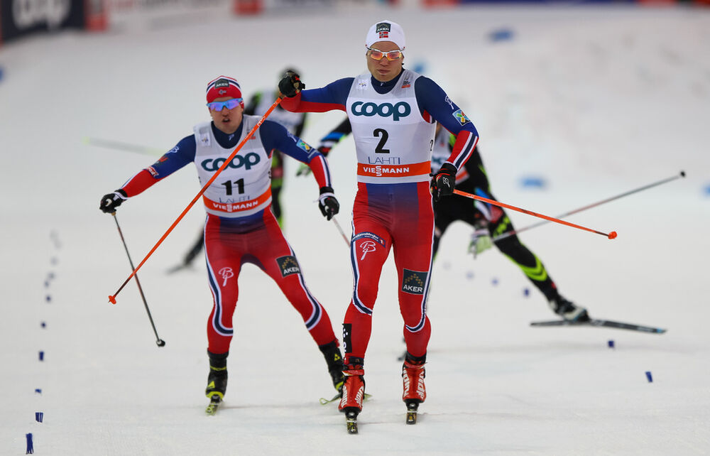 07.03.2015, Lahti, Finland (FIN): (l-r) Sindre Bjoernestad Skar (NOR), Fischer, Swix and Eirik Brandsdal (NOR), Fischer, Alpina, Rottefella- FIS world cup cross-country, individual sprint, Lahti (FIN). www.nordicfocus.com. © Laiho/NordicFocus. Every dow