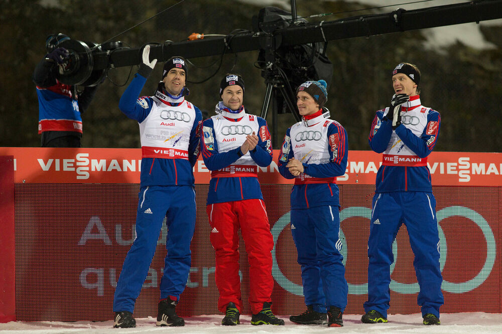 28.02.2015, Falun, Sweden (SWE): Anders Bardal (NOR), Anders Jacobsen (NOR), Anders Fannemel (NOR), Rune Velta (NOR)- FIS nordic world ski championships, ski jumping, team HS134, Falun (SWE). www.nordicfocus.com. © NordicFocus. Every downloaded picture