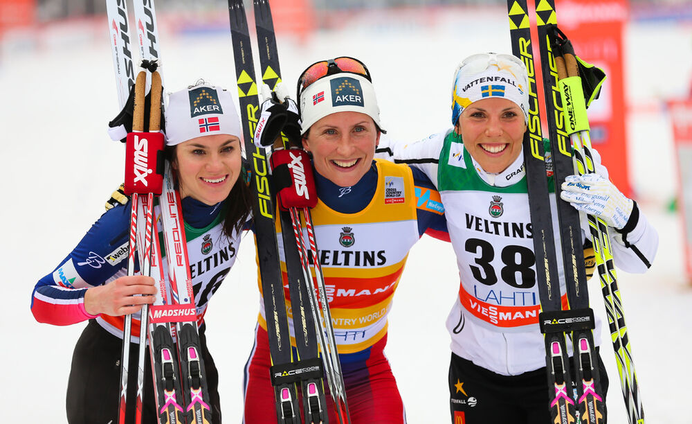 08.03.2015, Lahti, Finland (FIN): (l-r) Heidi Weng (NOR), Madshus, Swix, Rottefella, Marit Bjoergen (NOR), Fischer, Swix, Rottefella and Charlotte Kalla (SWE), Fischer, One Way, Alpina, Rottefella, Craft- FIS world cup cross-country, 10km women, Lahti (F