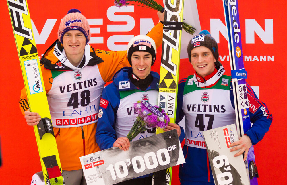 08.03.2015, Lahti, Finland (FIN): (l-r) Severin Freund (GER), Fischer, Stefan Kraft (AUT), Fischer and Anders Fannemel (NOR)- FIS world cup ski jumping, individual HS130, Lahti (FIN). www.nordicfocus.com. © Laiho/NordicFocus. Every downloaded picture is
