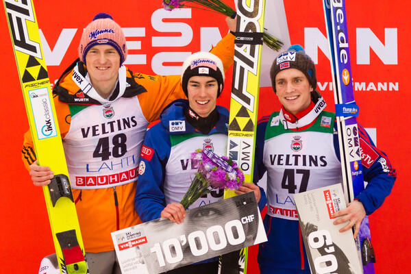08.03.2015, Lahti, Finland (FIN): (l-r) Severin Freund (GER), Fischer, Stefan Kraft (AUT), Fischer and Anders Fannemel (NOR)- FIS world cup ski jumping, individual HS130, Lahti (FIN). www.nordicfocus.com. © Laiho/NordicFocus. Every downloaded picture is NordicFocus