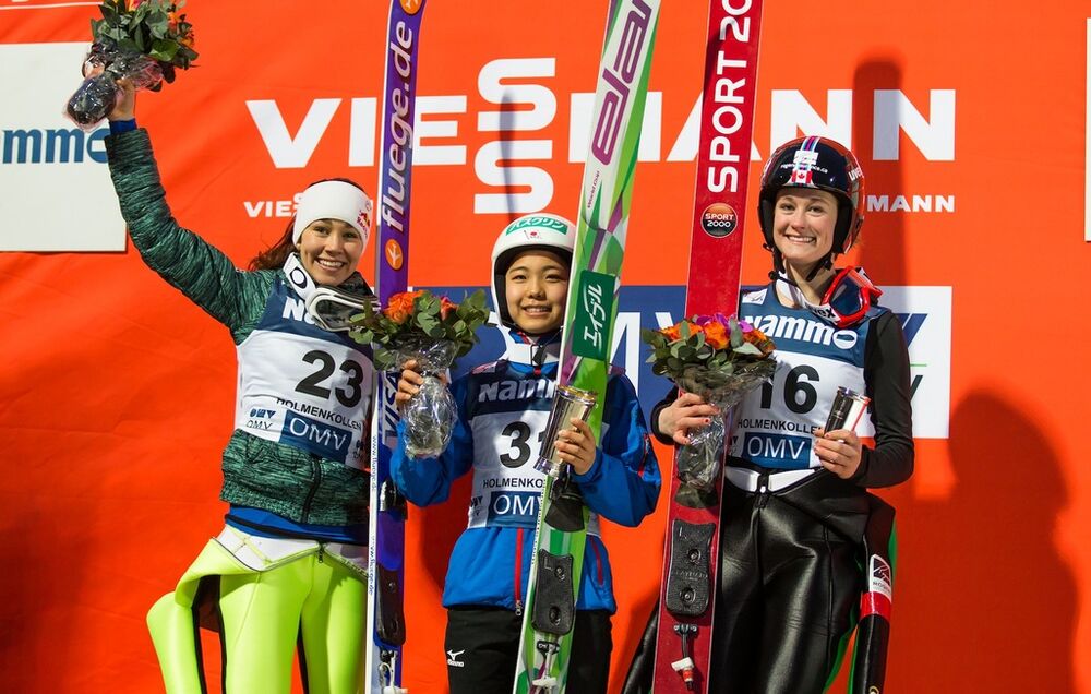 13.03.2015, Oslo, Norway (NOR): (l-r) the 3 best athletes of the day Sarah Hendrickson (USA), Sara Takanashi (JPN) and Taylor Henrich (CAN)- FIS world cup ski jumping ladies, individual HS134, Oslo (NOR). www.nordicfocus.com. Â© Laiho/NordicFocus. Ever