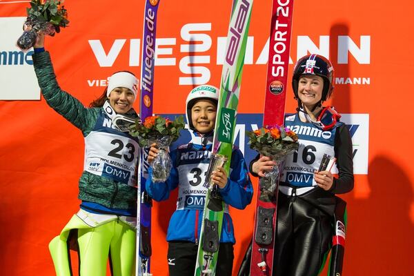 13.03.2015, Oslo, Norway (NOR): (l-r) the 3 best athletes of the day Sarah Hendrickson (USA), Sara Takanashi (JPN) and Taylor Henrich (CAN)- FIS world cup ski jumping ladies, individual HS134, Oslo (NOR). www.nordicfocus.com. Â© Laiho/NordicFocus. Ever NordicFocus