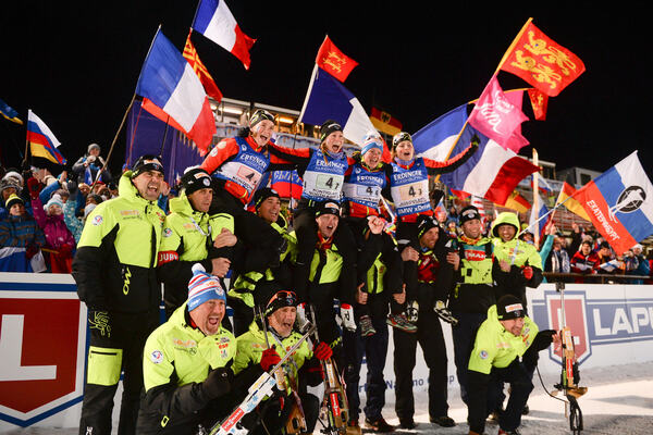13.03.2015, Kontiolahti, Finland (FIN): Anais BESCOND (FRA), Enora LATUILLIERE (FRA), Justine BRAISAZ (FRA) , Marie DORIN HABERT (FRA),- IBU world championships biathlon, relay women, Kontiolahti (FIN). www.nordicfocus.com. © Evgeny Tumashov/ NordicFocus Evgeny Tumashov