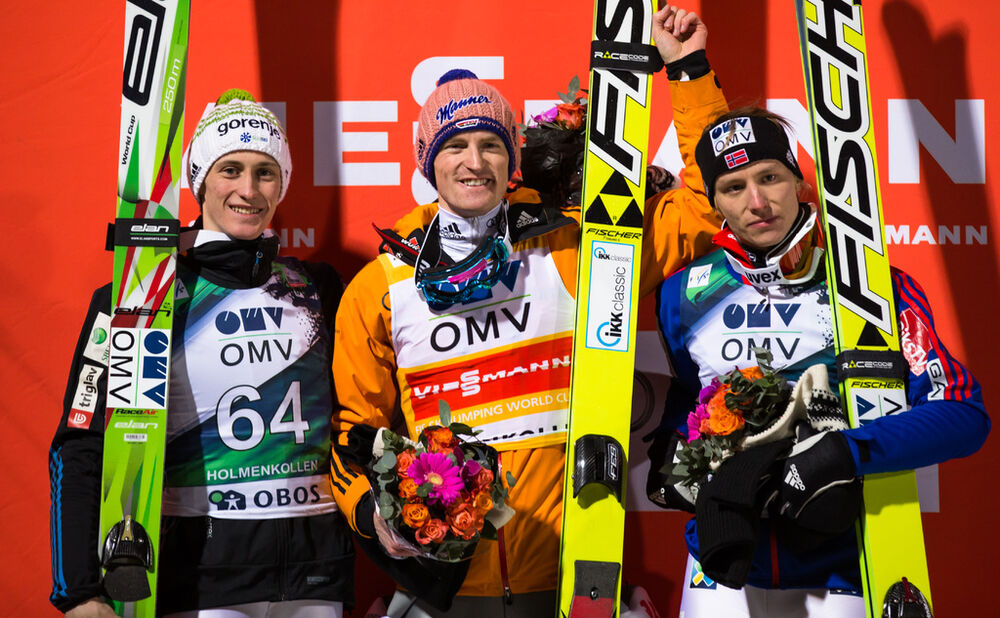 14.03.2015, Oslo, Norway (NOR): (l-r) Peter Prevc (SLO), Severin Freund (GER), Fischer and Rune Velta (NOR), Fischer- FIS world cup ski jumping, individual HS134, Oslo (NOR). www.nordicfocus.com. © Laiho/NordicFocus. Every downloaded picture is fee-liab