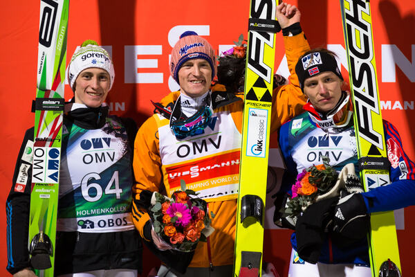 14.03.2015, Oslo, Norway (NOR): (l-r) Peter Prevc (SLO), Severin Freund (GER), Fischer and Rune Velta (NOR), Fischer- FIS world cup ski jumping, individual HS134, Oslo (NOR). www.nordicfocus.com. © Laiho/NordicFocus. Every downloaded picture is fee-liab NordicFocus