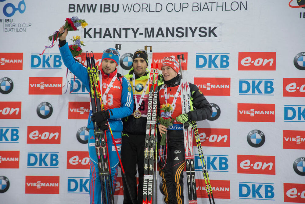 19.03.2015, Khanty-Mansiysk, Russia (RUS): Anton Shipulin (RUS), Martin Fourcade (FRA), Benedikt Doll (GER), (l-r)- IBU world cup biathlon, sprint men, Khanty-Mansiysk (RUS). www.nordicfocus.com. © Manzoni/NordicFocus. Every downloaded picture is fee-li