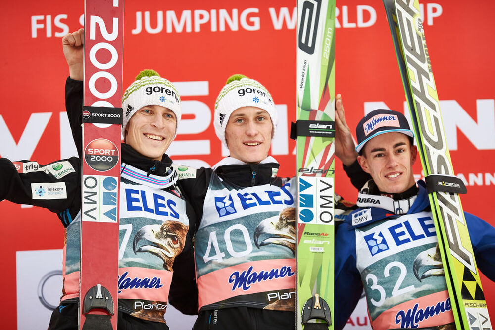 20.03.2015, Planica, Slovenia (SLO): Jurij Tepes (SLO), Peter Prevc (SLO), Stefan Kraft (AUT), (l-r)- FIS world cup ski jumping, individual HS215, Planica (SLO). www.nordicfocus.com. © Felgenhauer/NordicFocus. Every downloaded picture is fee-liable.