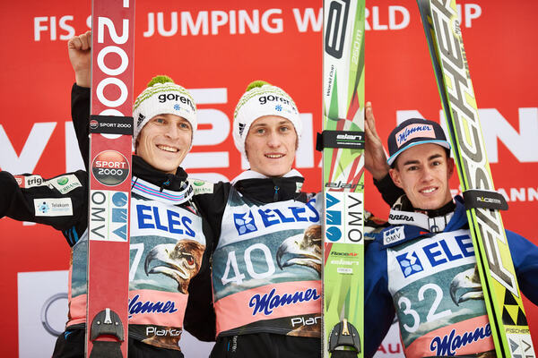 20.03.2015, Planica, Slovenia (SLO): Jurij Tepes (SLO), Peter Prevc (SLO), Stefan Kraft (AUT), (l-r)- FIS world cup ski jumping, individual HS215, Planica (SLO). www.nordicfocus.com. © Felgenhauer/NordicFocus. Every downloaded picture is fee-liable. NordicFocus