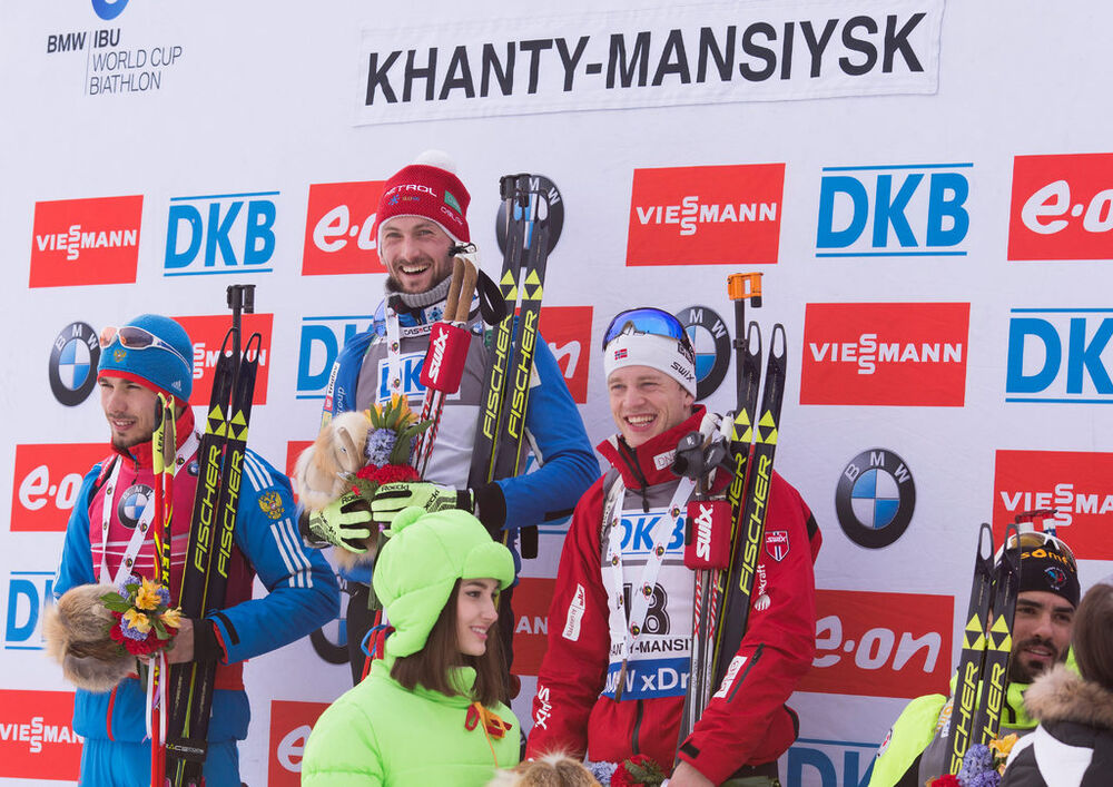 22.03.2015, Khanty-Mansiysk, Russia (RUS): Anton Shipulin (RUS), Jakov Fak (SLO), Tarjei Boe (NOR), (l-r)- IBU world cup biathlon, mass men, Khanty-Mansiysk (RUS). www.nordicfocus.com. © Manzoni/NordicFocus. Every downloaded picture is fee-liable.