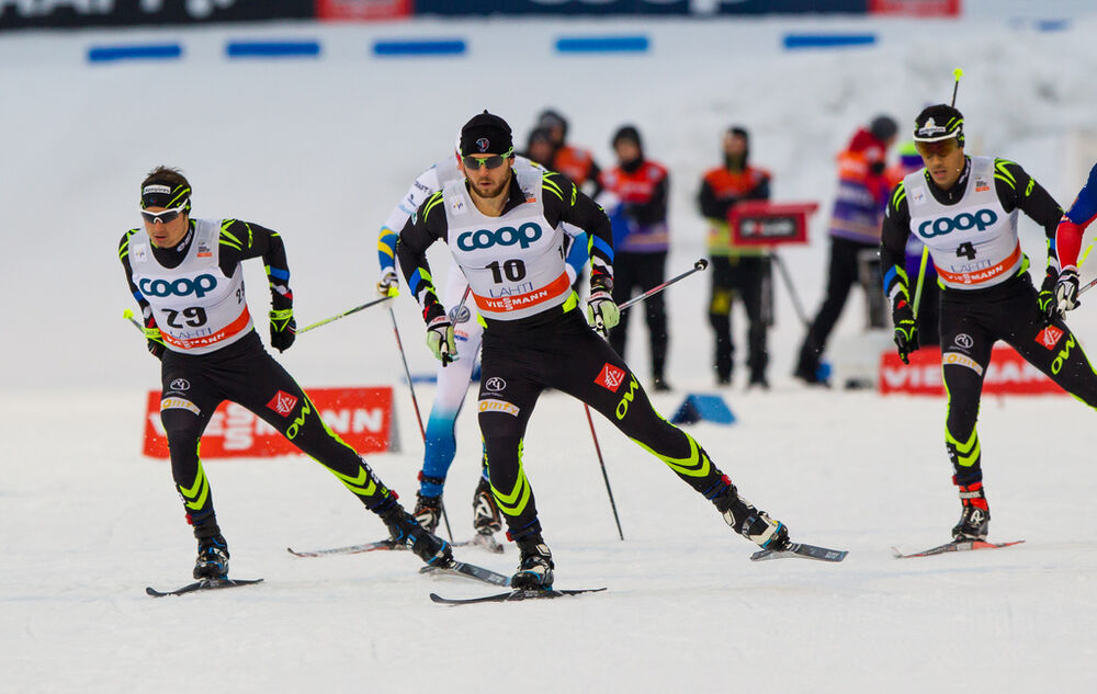 07.03.2015, Lahti, Finland (FIN): (l-r) Renaud Jay (FRA), Salomon, One Way, Baptiste Gros (FRA), Salomon, Swix, One Way and Richard Jouve (FRA), Rossignol, One Way- FIS world cup cross-country, individual sprint, Lahti (FIN). www.nordicfocus.com. © Laih
