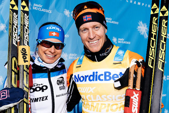 PETTER ELIASSEN (th) och Seraina Boner vann herr- respektive damklassen i Årefjällsloppet i Vålådalen under lördagen. Foto: SWIX SKI CLASSICS